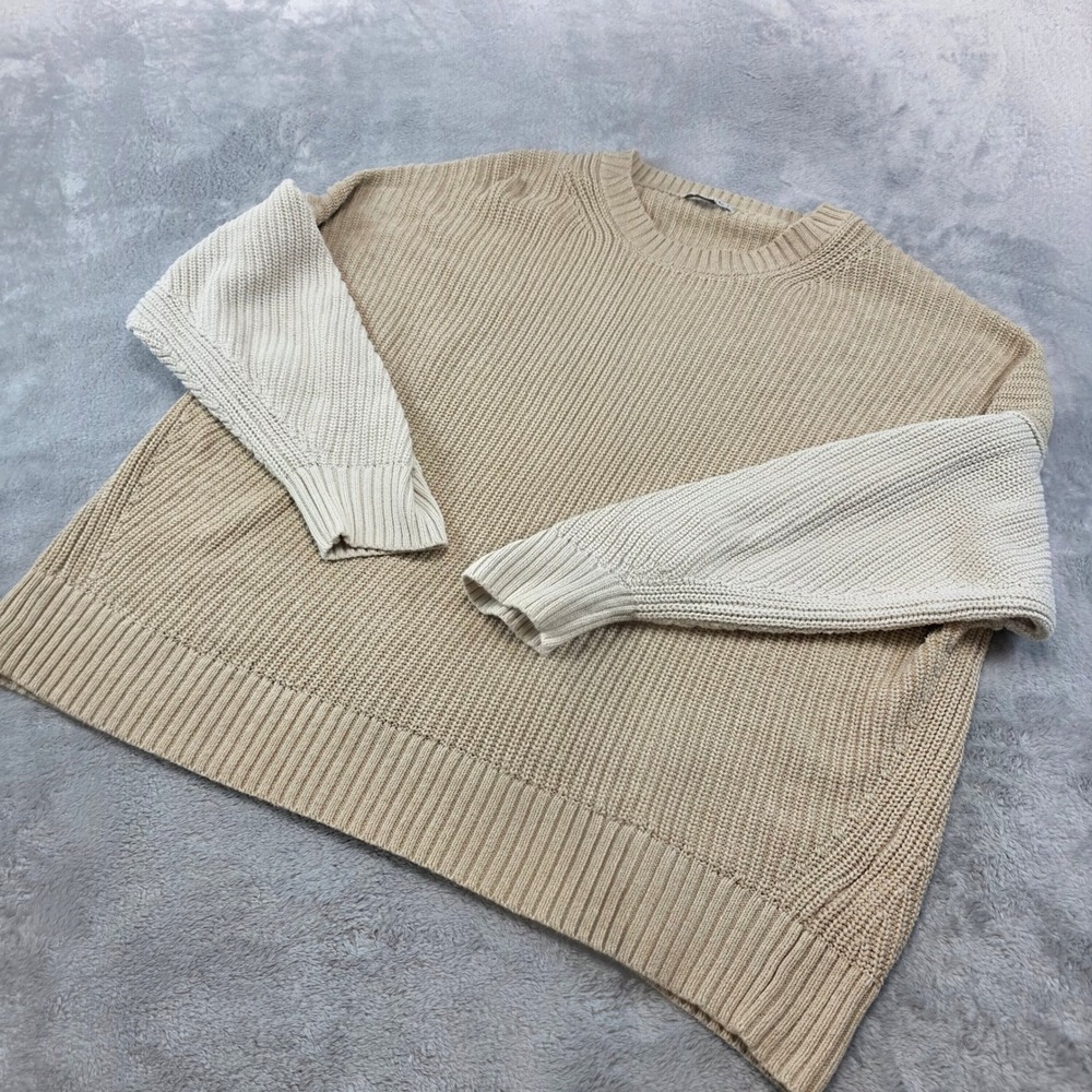 American Eagle Men XL Tan Cream Shaker Knit Crewneck Sweater Cotton Relaxed Fit